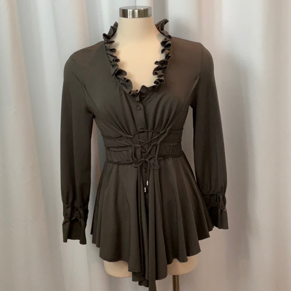 Boston Proper Gray Taupe Lace-Up Waist Ruffle Tunic Peasant Top Women Size M